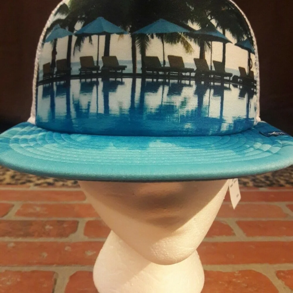 Penguin Palm trees Poolside Graphic Baseball Cap Mesh Trucker Blue Hat Resort - Picture 10 of 12